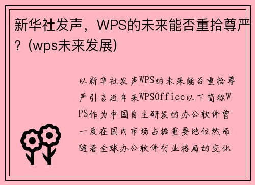 新华社发声，WPS的未来能否重拾尊严？(wps未来发展)