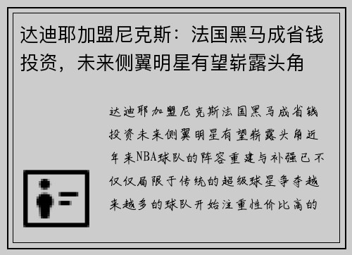 达迪耶加盟尼克斯：法国黑马成省钱投资，未来侧翼明星有望崭露头角