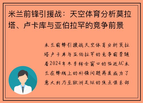 米兰前锋引援战：天空体育分析莫拉塔、卢卡库与亚伯拉罕的竞争前景